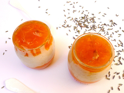 Rice custard with persimmon and lavender syrup