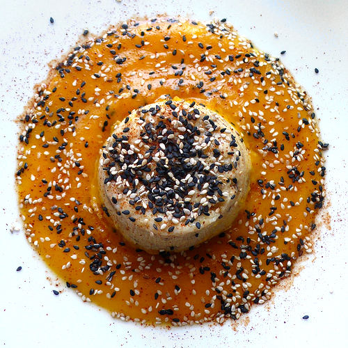 Polenta with porcini, tahin and sage served with creamed pumpkin and sesame seeds