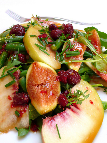 Green bean, rocket, peach and fig salad with a raspberry and balsamic vinegar dressing