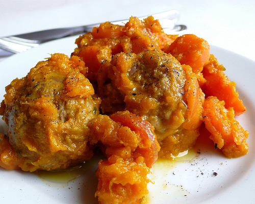 Borlotti balls with pumpkin and carrot stew