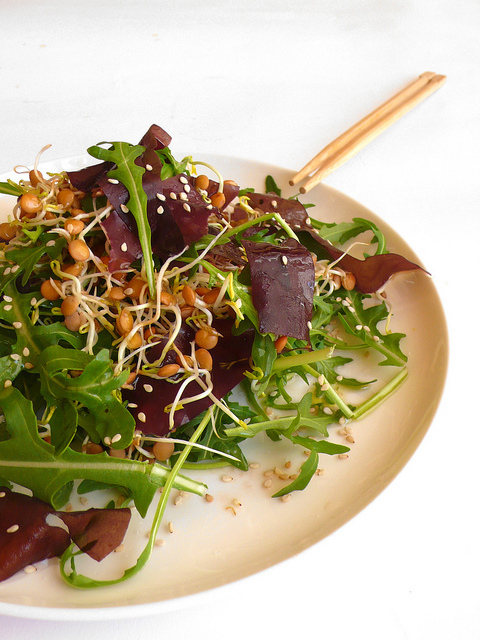 Rocket and dulse salad with lentil sprouts and a grapefruit and sesame vinaigrette